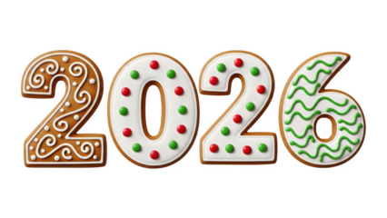 Festive gingerbread cookies forming the year 2026, intricately decorated with vibrant icing, perfect for holiday greetings and new year designs on a transparent background, PNG