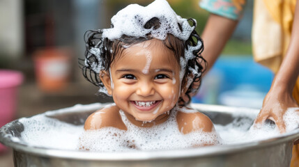 Indian people using shampoo, A mother gently shampoos her child's hair, showcasing care and bonding in a serene indoor setting, emphasizing family and nurturing moments.