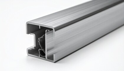 Close-up of aluminum extrusion profile with rectangular cross-section, internal channels and grooves, sleek metallic finish.