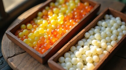 Vibrant caviar display in wooden trays