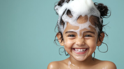 Indian people using shampoo, A joyful Indian teenager lathers shampoo foam, capturing a moment of happiness and self-care in a vibrant setting.