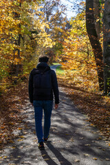 Fototapeta premium Schönes Bayern: Spaziergang, Wanderung am Starnberger See im Herbst, Nähe Bernried: Mann geht auf Waldweg spazieren