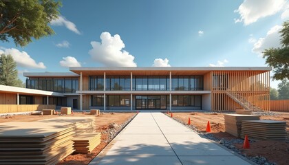 Modern school building under construction with large glass windows and wooden facade. Materials stacked on site under a blue sky with clouds. Educational facility exterior.