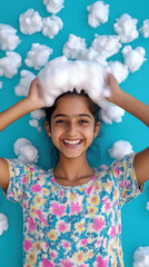 Indian people using shampoo, An Indian teenager joyfully lathers shampoo foam in this high-fidelity image, capturing a moment of carefree fun and vibrant youthfulness.