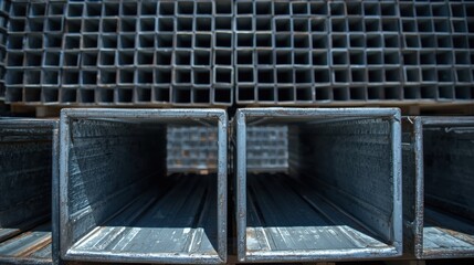 Stack of metal ducts in warehouse