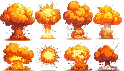 Collection of stylized, orange explosions with various shapes and intensities on white