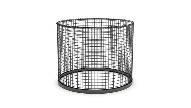 Conceptual 3D illustration of a hollow, black wire mesh cylinder, often used as a basket or cage, presented on a stark white background