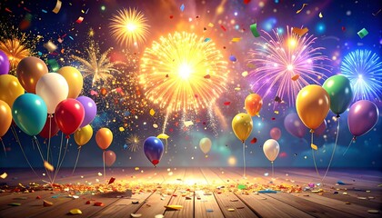 A festive celebration with colorful balloons, confetti, and vibrant fireworks exploding in the sky