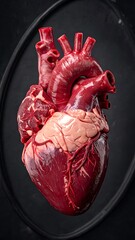 Pig heart with visible arteries & veins displayed against a dark, textured background, with a dark tone
