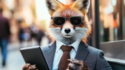 A fox in a suit and sunglasses using a tablet in an urban setting.