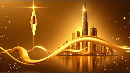 Golden City of Dreams – Luxe Skyline with Glowing Star & Silk Ribbon for Awards, Festivals & Luxury Events