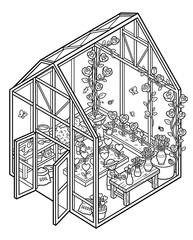 A detailed illustration of a greenhouse filled with blooming flowers, potted plants, and gardening tools, showcasing a serene environment for plant care and cultivation.