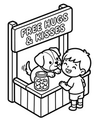 A joyful scene of a child interacting with a playful puppy at a booth offering free hugs and kisses, showcasing the innocence and love between humans and animals.