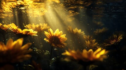 Obraz premium A serene underwater scene with sunflowers illuminated by sunbeams