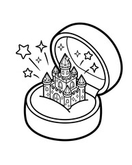 A whimsical illustration of a castle inside a jewelry box, adorned with stars and sparkles, representing dreams and fantasy in a playful, artistic style.