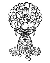 A whimsical illustration featuring a colorful hot air balloon adorned with flowers, balloons, and two cheerful children in a cozy basket, celebrating joy and adventure.