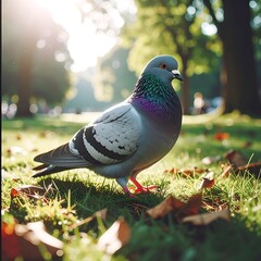 Pigeon on grass, bathed in sunlight, creates a warm, natural scene with blurry background foliage