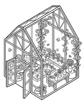 A detailed illustration of a greenhouse filled with blooming flowers, potted plants, and gardening tools, showcasing a serene environment for plant care and cultivation.