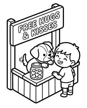 A joyful scene of a child interacting with a playful puppy at a booth offering free hugs and kisses, showcasing the innocence and love between humans and animals.