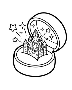 A whimsical illustration of a castle inside a jewelry box, adorned with stars and sparkles, representing dreams and fantasy in a playful, artistic style.