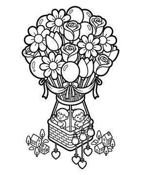 A whimsical illustration featuring a colorful hot air balloon adorned with flowers, balloons, and two cheerful children in a cozy basket, celebrating joy and adventure.
