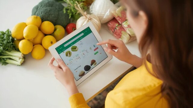 Woman using a tablet to browse online grocery store with fresh produce on a kitchen counter online shopping
