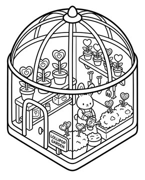 A whimsical illustration of a lollipop garden featuring a cute bunny tending to heart-shaped plants in a glass greenhouse, combining creativity and nature.
