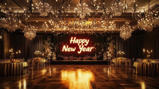 Elegant ballroom decorated with lights and flowers for Happy New Year celebration glowing with warm sparkle
