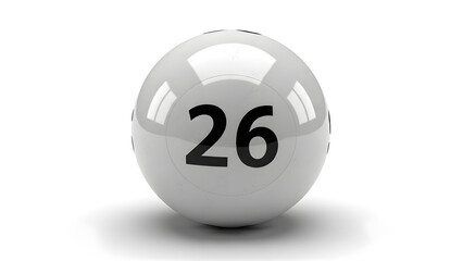 Glossy white lottery ball prominently displaying the number 26, symbolizing luck, chance, and the excitement of winning in games of fortune and probability