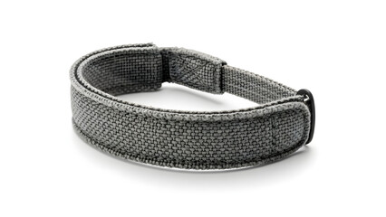 Contemporary grey smart band, an advanced textile wearable device for precise activity and health data tracking, presented on a clean white background