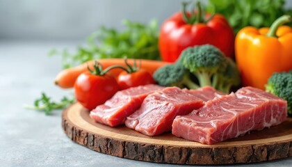 Fresh beef cuts and colorful vegetables like tomatoes, carrots, bell peppers, and broccoli arranged on wooden board. Ingredients for healthy raw diet pet food or homemade meals.