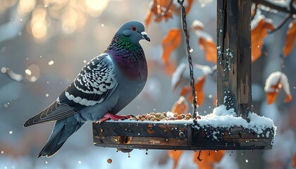 Pigeon perches on a snowy bird feeder in winter, warm light shining through bare branches & orange leaves behind