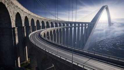 Obraz premium Dramatic arched bridge design against a cloudy sky perspective engineering