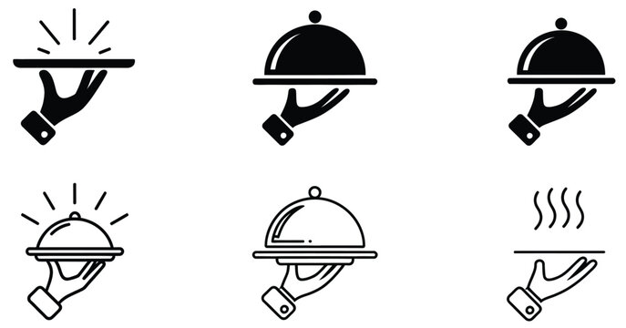hand holding tray vector icons set with cloche serving dishes restaurant catering food service delivery vector illustration design elements.