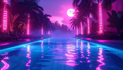 Pink-lit palms frame a pool reflecting moonlight, blending serene relaxation with a vibrant, futuristic aesthetic