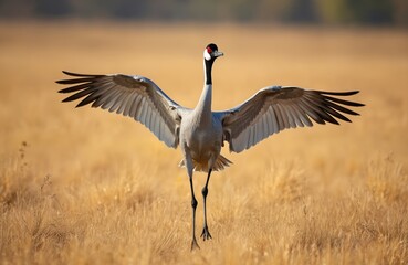 Fototapeta premium Black necked crane bird with outstretched wings stands in dry grass field. Avian species displays feathers against blurred golden background. Wildlife animal in natural habitat, foraging preparing