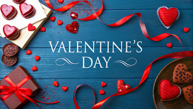 Red ribbon, gift box, hearts and valentine day greeting on dark blue wooden background celebrating gorgious love and romance.