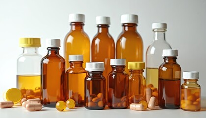 Collection of medicine bottles containing pills and liquids. Amber and clear glass containers with white and yellow caps. Some pills scattered on surface. For health and pharmacy use.