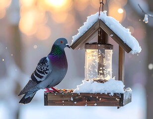 Pigeon perches on snowy bird feeder, blurred lights in the background, cold winter day, wooden structure, serene outdoor scene