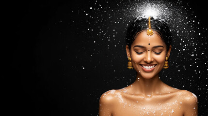 Indian people using shampoo, A woman from India wearing traditional jewelry is shampooing her hair, captured in high fidelity with a gigapixel resolution.