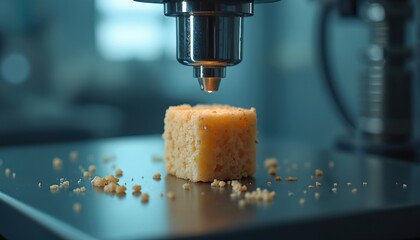 Food cube on texture and strength test in lab. Machine applies pressure to sample for quality analysis. Crumbs scatter, showing structural integrity evaluation. Food research and science.