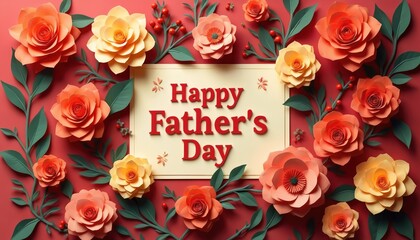 Happy Fathers Day greeting card with paper flowers. Floral decoration with roses, leaves and berries on red background. Perfect for son daughter to dad.