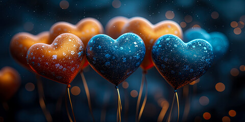 Cluster of heart-shaped balloons, some in warm orange and others in deep blue, are adorned with sparkling patterns and float against dark, bokeh-lit background, creating magical and festive atmosphere