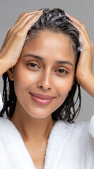 Indian people using shampoo, Indian woman with wet hair massages her scalp in a serene setting, showcasing self-care and relaxation techniques in this high-resolution image.