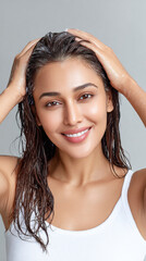 Indian people using shampoo, An Indian woman is massaging her scalp with wet hair, captured in high fidelity and enhanced resolution for stock imagery use.