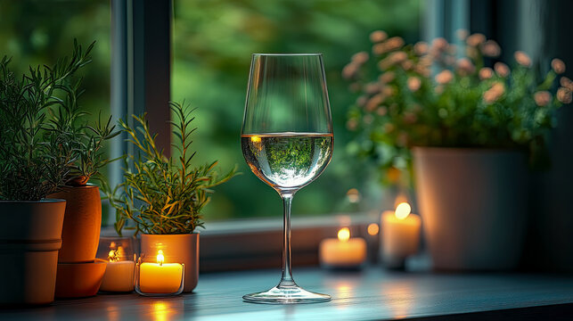 Tranquil scene unfolds with clear glass of white wine catching soft glow of candles, surrounded by potted rosemary herbs and blurred greenery on windowsill, evoking sense of peaceful evening ambiance 
