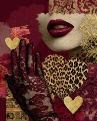 burgundy fashion collage featuring lace gloved hands, velvet textures, leopard print hearts, gold accents, and sensual lips