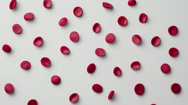 Abstract background pattern featuring numerous irregularly oriented, crimson red, biconcave disc shapes resembling blood cells scattered on light grey surface, creating minimalist medical visualizatio