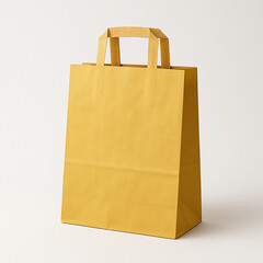 A blank brown and yellow paper shopping bag with handles is isolated on a white background as an empty retail package container for gift purchase and commercial merchandise store marketing