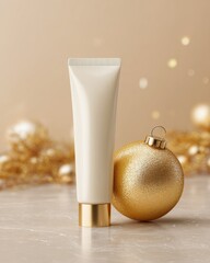 A luxury skincare mockup featuring a blank cosmetic tube paired with a golden ornament on a soft beige background